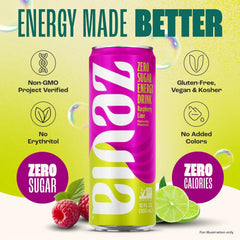 Zevia Zero Sugar Energy Drink, Raspberry Lime, 12 oz Cans (12-Pack) – Naturally Sweetened, Zero Calorie Sugar Free Energy - Non-GMO Project Verified, Gluten-Free, Vegan