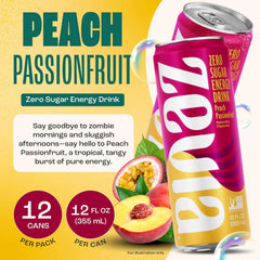 Zevia Zero Sugar Energy Drink, Peach Passionfruit, 12 oz Cans (12-Pack) – Naturally Sweetened, Non-GMO Project Verified, Gluten-Free, Vegan