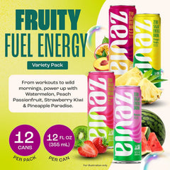 Zevia Zero Sugar Energy Drink, Fruity Fuel Variety Packs, 12 oz Cans – Naturally Sweetened, Non-GMO Project Verified, Gluten-Free, Vegan, (Pack of 24)