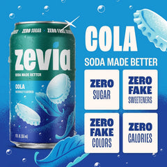 Zevia Zero Sugar Soda, Cola, 12 oz Cans (24-Pack) – Naturally Sweetened, Zero Calorie Sugar Free Soda - Non-GMO Project Verified, Gluten-Free, Vegan