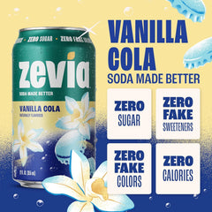 Zevia Zero Sugar Soda, Vanilla Cola, 16 oz Cans (12-Pack) – Naturally Sweetened, Non-GMO Project Verified, Gluten-Free, Vegan