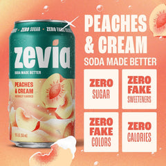 Zevia Zero Sugar Soda, Peaches and Cream, 12 oz Cans (8-Pack) – Caffeine Free, Naturally Sweetened, No Calorie Soda - Non-GMO Project Verified, Gluten-Free, Vegan