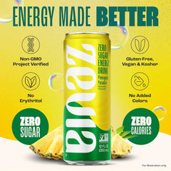 Zevia Zero Sugar Energy Drink,Pineapple Paradise,12 oz Cans – Naturally Sweetened,Non-GMO Project Verified,Gluten-Free,Vegan,(Pack of 24)