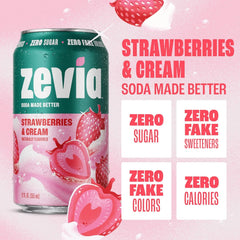 Zevia Zero Sugar Soda, Strawberries and Cream, 12 oz Cans (6-Pack) – Caffeine Free, Naturally Sweetened, No Calorie Soda - Non-GMO Project Verified, Gluten-Free, Vegan