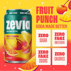 Zevia Zero Sugar Soda, Fruit Punch, 12 oz Cans (24-Pack) – Caffeine Free, Naturally Sweetened, No Calorie Soda - Non-GMO Project Verified, Gluten-Free, Vegan