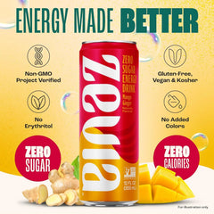 Zevia Zero Sugar Energy Drink, Mango Ginger, 12 oz Cans (12-Pack) – Naturally Sweetened, Zero Calorie Sugar Free Energy - Non-GMO Project Verified, Gluten-Free, Vegan