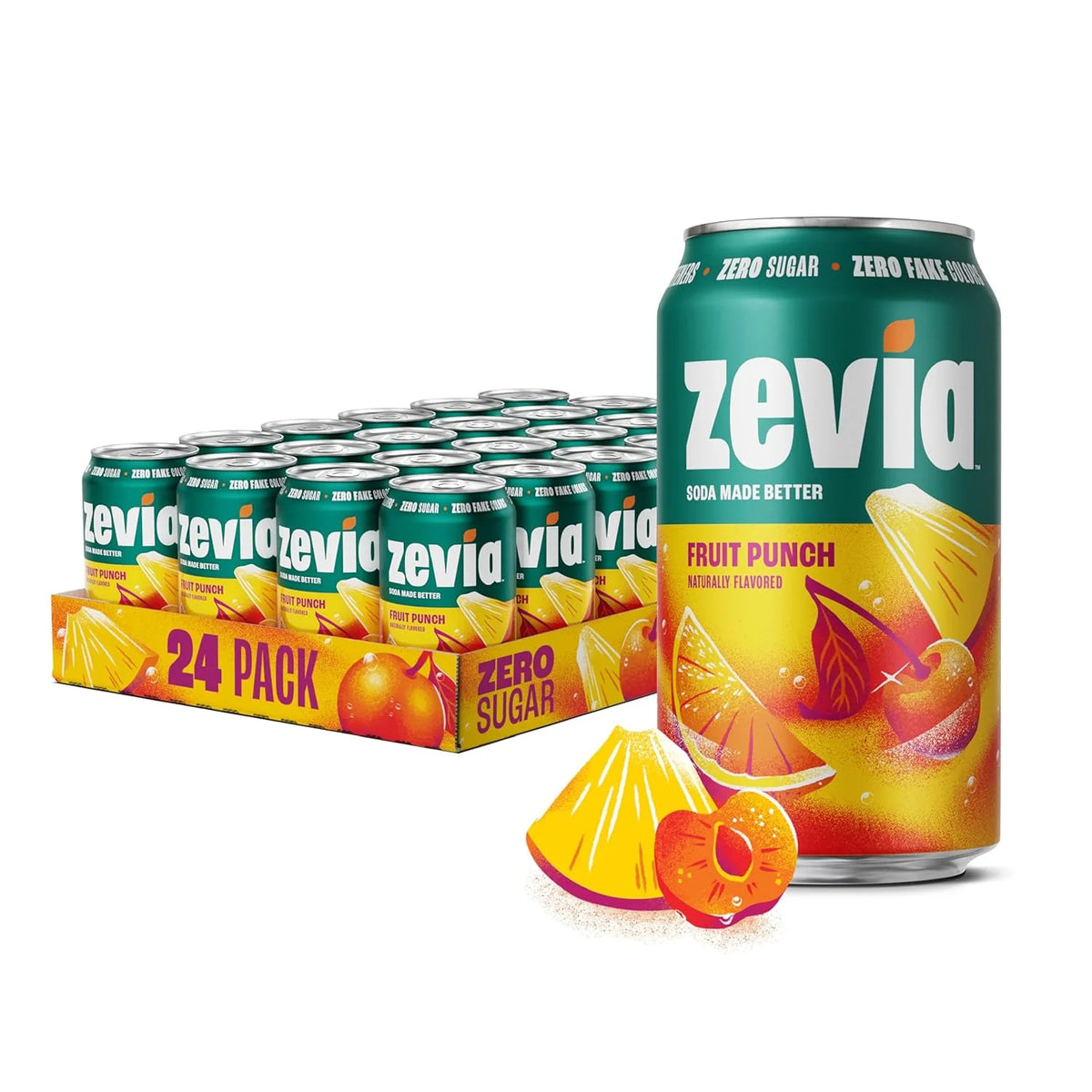 Zevia Zero Sugar Soda, Fruit Punch, 12 oz Cans (24-Pack) – Caffeine Free, Naturally Sweetened, No Calorie Soda - Non-GMO Project Verified, Gluten-Free, Vegan