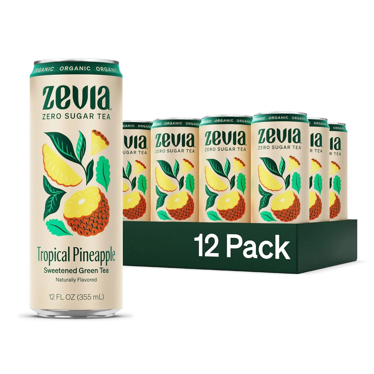Zevia Organic Sugar Free Iced Tea, Green Tea Tropical Pineapple, 12 Ounces (Pack of 12)