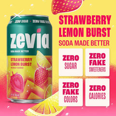 Zevia Zero Sugar Soda, Strawberry Lemon Burst, 12 oz Cans (24-Pack) – Naturally Sweetened, Zero Calorie Sugar Free Soda - Non-GMO Project Verified, Gluten-Free, Vegan