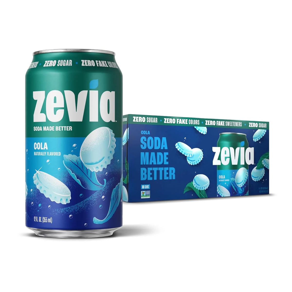 Zevia Zero Sugar Soda, Cola, 12 oz Cans (8-Pack) – Naturally Sweetened, Non-GMO Project Verified, Gluten-Free, Vegan