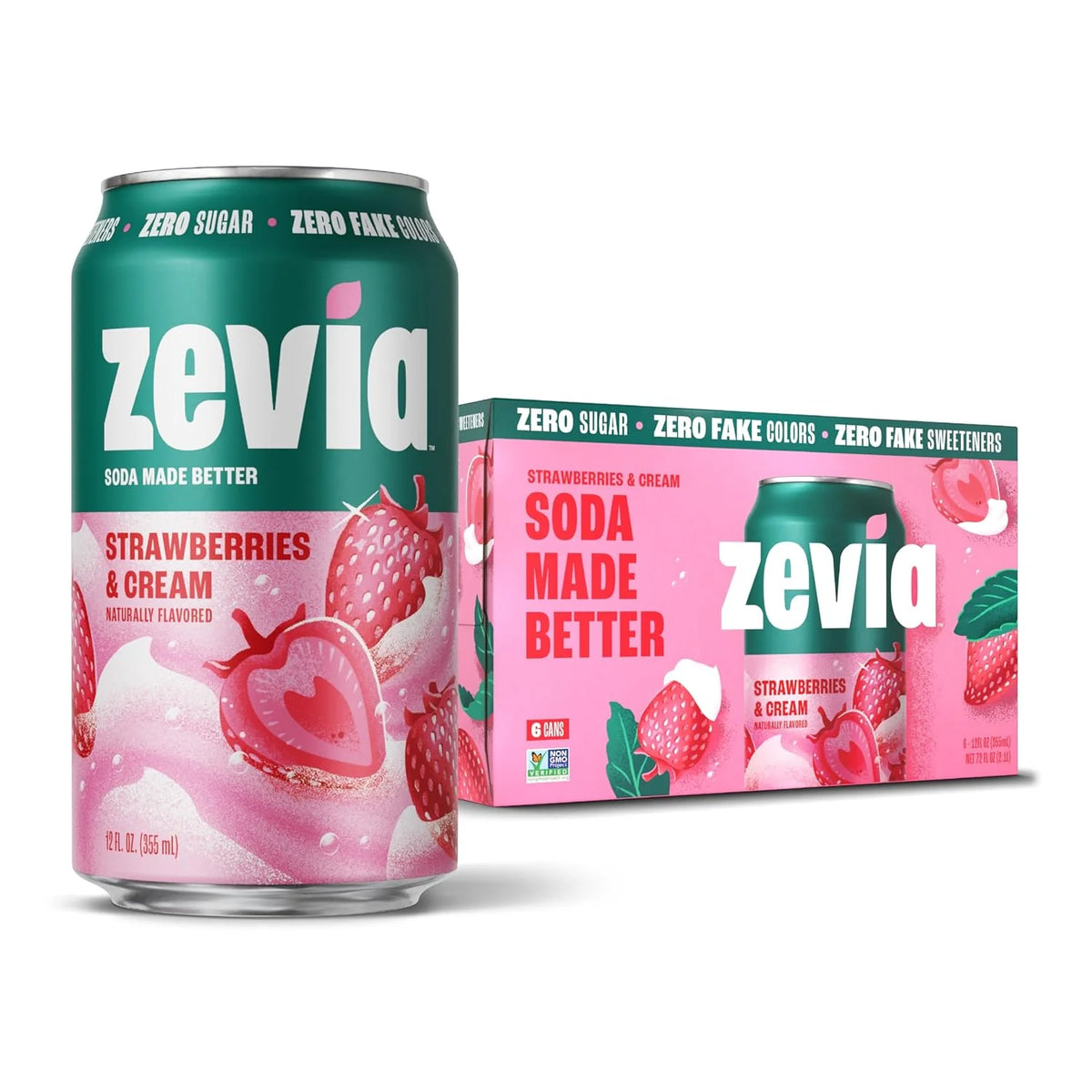 Zevia Zero Sugar Soda, Strawberries and Cream, 12 oz Cans (6-Pack) – Caffeine Free, Naturally Sweetened, No Calorie Soda - Non-GMO Project Verified, Gluten-Free, Vegan