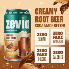Zevia Zero Sugar Soda, Creamy Root Beer, 12 oz Cans (8-Pack) – Naturally Sweetened, Non-GMO Project Verified, Gluten-Free, Vegan