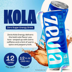 Zevia Zero Sugar Energy Drink, Kola, 12 oz Cans (12-Pack) – Naturally Sweetened, Non-GMO Project Verified, Gluten-Free, Vegan