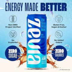 Zevia Zero Sugar Energy Drink, Kola, 12 oz Cans (12-Pack) – Naturally Sweetened, Non-GMO Project Verified, Gluten-Free, Vegan