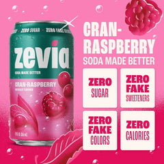 Zevia Zero Sugar Soda, Cran-Raspberry, 12 oz Cans (24-Pack) – Naturally Sweetened, Non-GMO Project Verified, Gluten-Free, Vegan