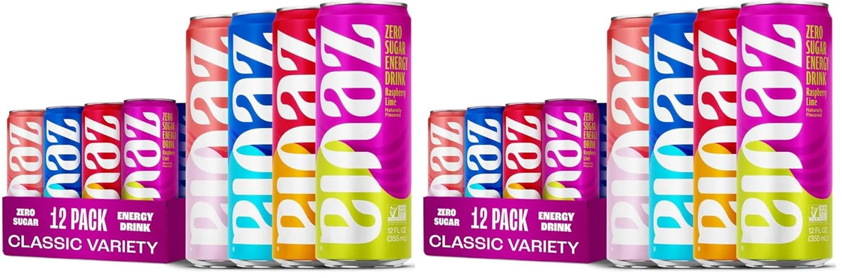 Zevia Zero Sugar Energy Drink,Classic Variety Pack,12 oz Cans – Naturally Sweetened,Non-GMO Project Verified,Gluten-Free,Vegan,(Pack of 24)