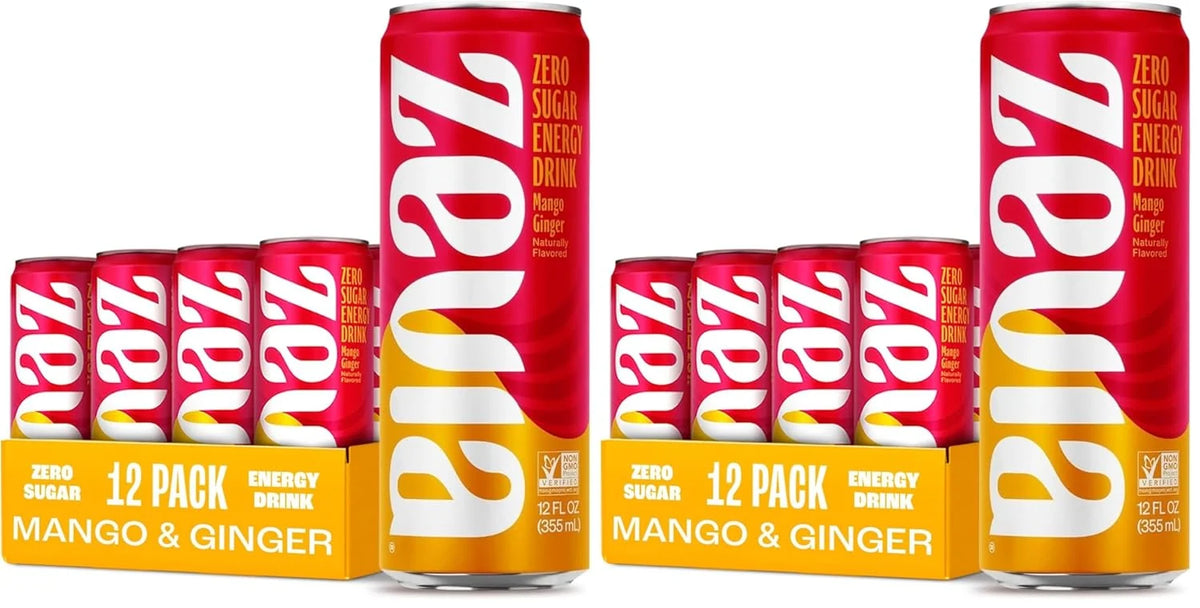 Zevia Zero Sugar Energy Drink,Mango Ginger,12 oz Cans – Naturally Sweetened,Zero Calorie Sugar Free Energy - Non-GMO Project Verified,Gluten-Free,Vegan,(Pack of 24)