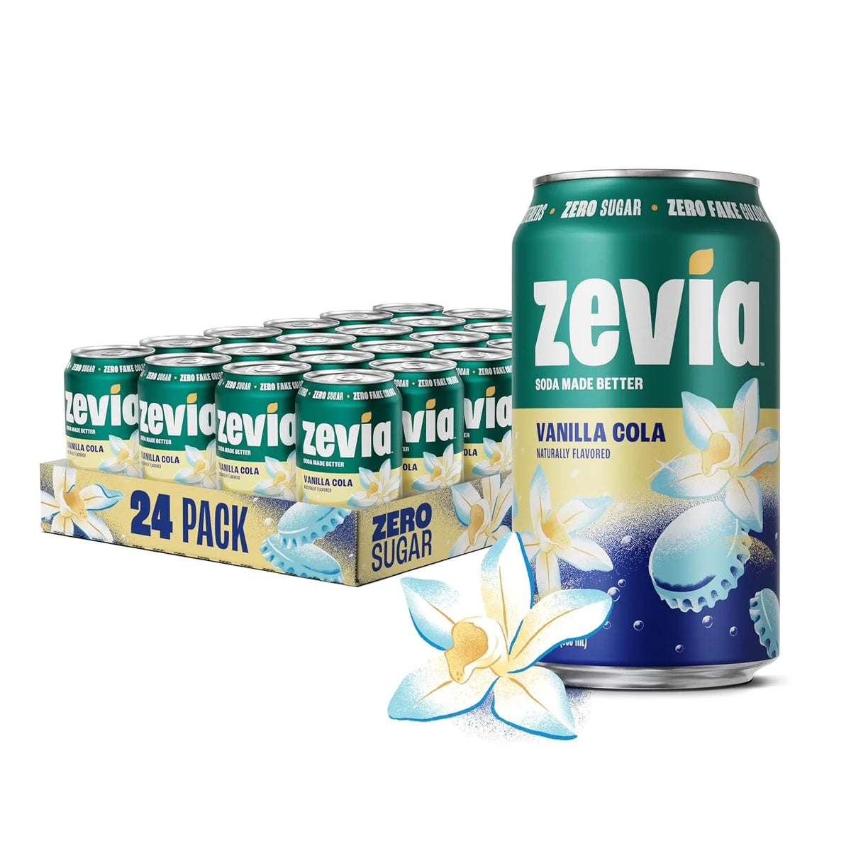 Zevia Zero Sugar Soda, Vanilla Cola, 12 oz Cans (24-Pack) – Naturally Sweetened, Non-GMO Project Verified, Gluten-Free, Vegan