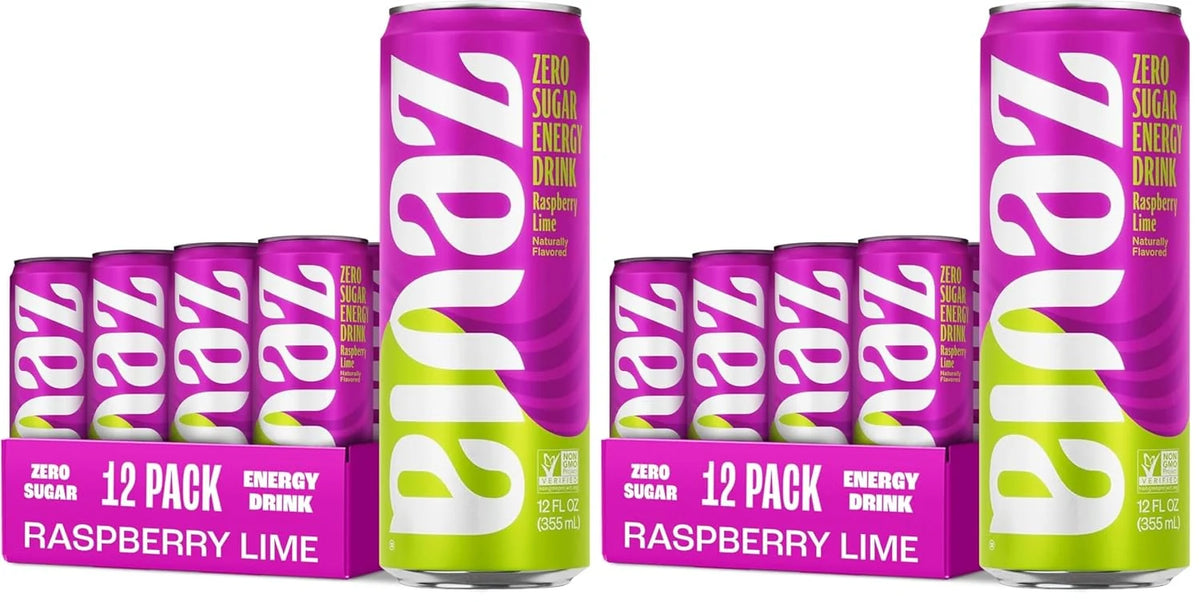 Zevia Zero Sugar Energy Drink,Raspberry Lime,12 oz Cans – Naturally Sweetened,Zero Calorie Sugar Free Energy - Non-GMO Project Verified,Gluten-Free,Vegan,(Pack of 24)