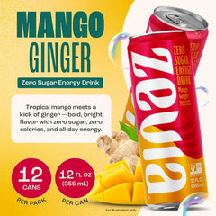 Zevia Zero Sugar Energy Drink,Mango Ginger,12 oz Cans – Naturally Sweetened,Zero Calorie Sugar Free Energy - Non-GMO Project Verified,Gluten-Free,Vegan,(Pack of 24)