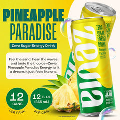 Zevia Zero Sugar Energy Drink,Pineapple Paradise,12 oz Cans – Naturally Sweetened,Non-GMO Project Verified,Gluten-Free,Vegan,(Pack of 24)