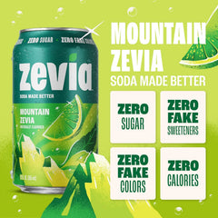 Zevia Zero Sugar Soda, Mountain Zevia, 12 oz Cans (24-Pack) – Naturally Sweetened, Non-GMO Project Verified, Gluten-Free, Vegan