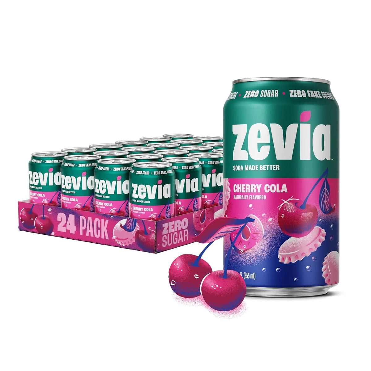 Zevia Zero Sugar Soda, Cherry Cola, 12 oz Cans (24-Pack) – Naturally Sweetened, Non-GMO Project Verified, Gluten-Free, Vegan