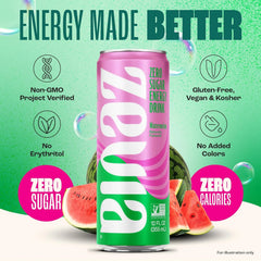 Zevia Zero Sugar Energy Drink, Watermelon, 12 oz Cans (12-Pack) – Naturally Sweetened, Non-GMO Project Verified, Gluten-Free, Vegan
